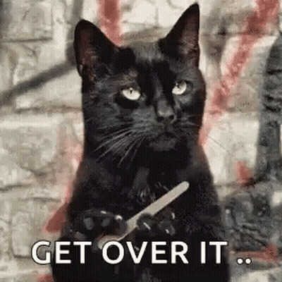 Black Cat Holding Knife Says Get Over It GIF