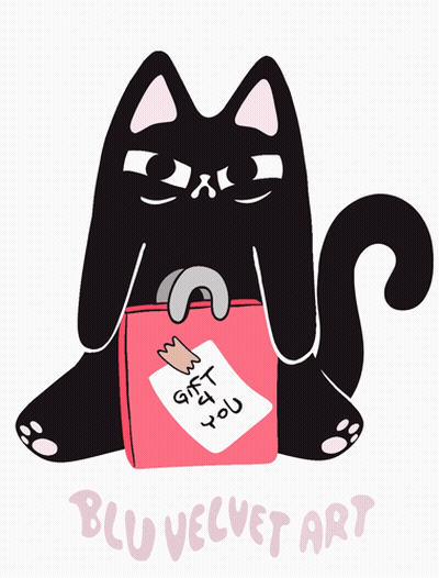Black Cat Holding Pink Box Saying Gift 4 You GIF