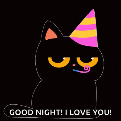 Black Cat In Party Hat Blowing Horn Saying Good Night I Love You GIF