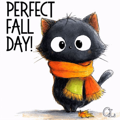 Black Cat in Scarf and Leaf Saying Perfect Fall Day