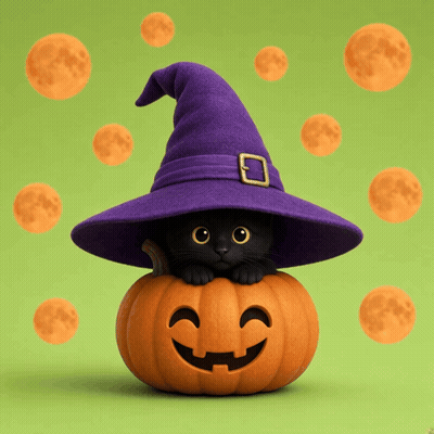 Black Cat In Witch Hat On Pumpkin GIF