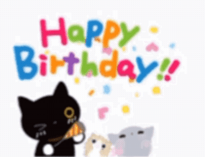Black Cat Next To Two Cats Happy Birthday GIF