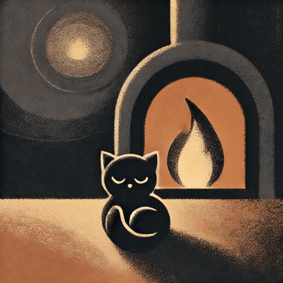 Black Cat Sitting In Front Of Fireplace Eyes Closed GIF