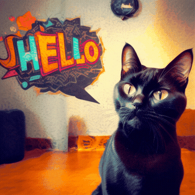 Black Cat Sitting In Front Of Hello Speech Bubble GIF