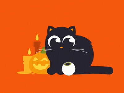 Black Cat Sitting Next To Halloween Pumpkin And Candles GIF