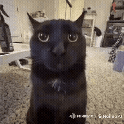 Black Cat Sitting On Carpet Looking At Camera GIF