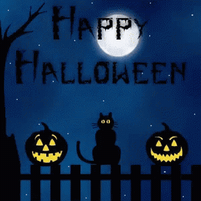Black Cat Sitting On Fence With Pumpkins Happy Halloween GIF
