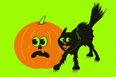 Black Cat Standing Next To Orange Pumpkin With Sad Face GIF