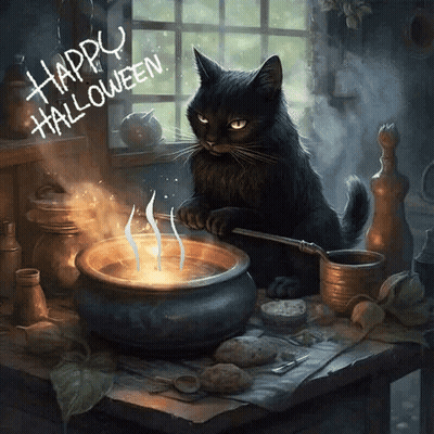 Black Cat Stirring Cauldron Happy Halloween GIF