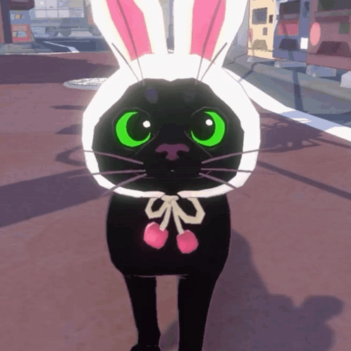 Black Cat With Green Eyes In White Bunny Hat GIF