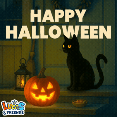 Black Cat With Pumpkin And Happy Halloween Sign GIF
