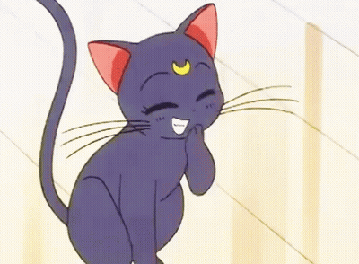 Black Cat With Red Ear And Crescent Moon Smiling GIF