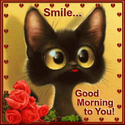 Black Cat With Red Roses Good Morning Greeting Card GIF
