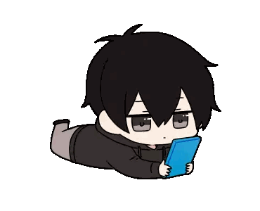 Black-Haired Cartoon Character Lying On Floor With Blue Tablet Sticker