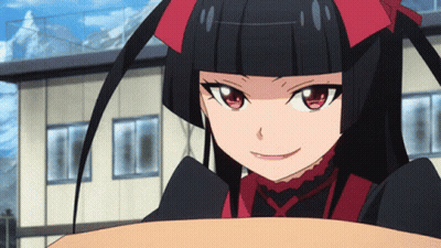Black Haired Girl With Red Eyes Smiling Near Building GIF