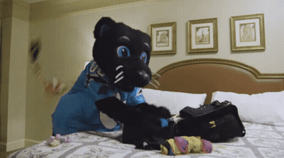 Black Panther Mascot On Bed With Bag GIF