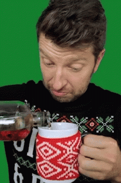 Black Sweater Man Pouring Drink Red White Mug GIF
