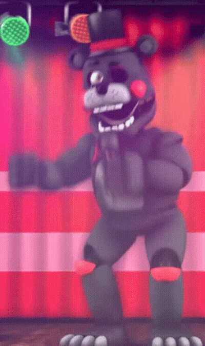 Black Teddy Bear Dancing In Front Of Red Curtain GIF