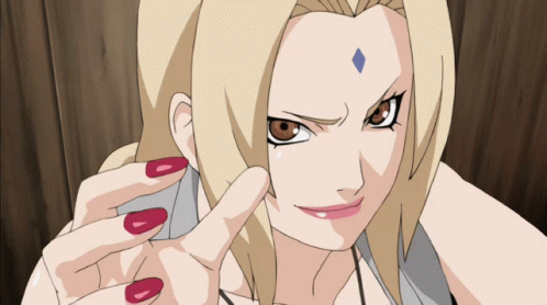 Blonde Anime Character With Red Nails And Diamond Forehead GIF