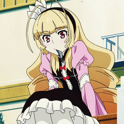 Blonde Anime Girl In Pink And Black Dress With Red Eyes GIF