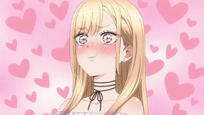 Blonde Anime Girl Making Face With Pink Hearts GIF
