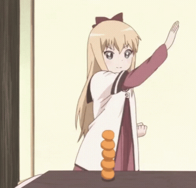 Blonde Anime Girl Standing Next To Table Of Oranges GIF