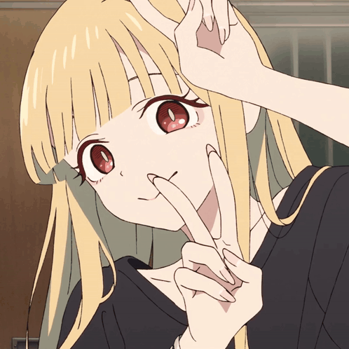 Blonde Anime Girl With Red Eyes Making Peace Sign GIF