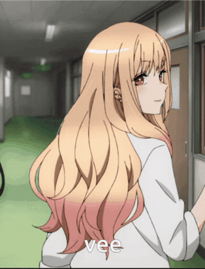 Blonde Girl In Hallway With Word Vee GIF