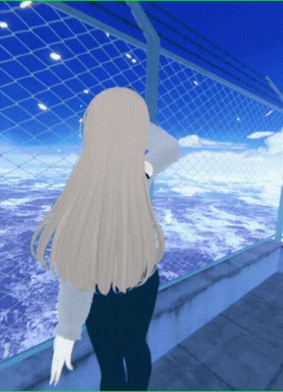 Blonde Girl Looking Over Ocean At Fence GIF