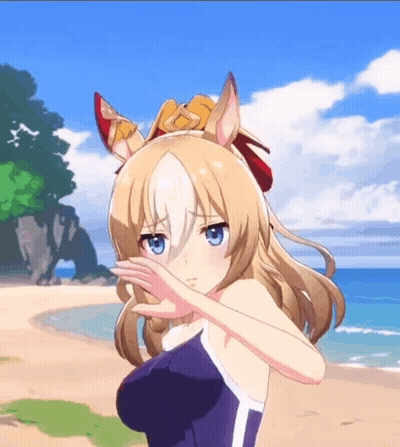 Blonde Girl On Beach With Hand On Face GIF