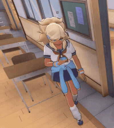 Blonde Girl Walking Down Classroom Hallway GIF