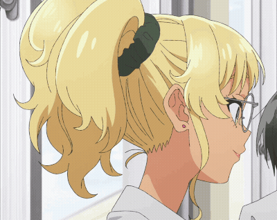 Blonde Girl With Glasses And Ponytail Green Rubber Band Around Ear GIF
