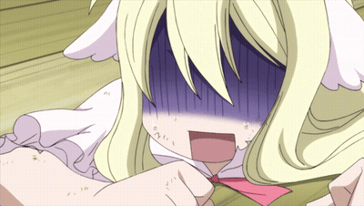 Blonde Girl With White Ears Laying Down Mouth Open GIF