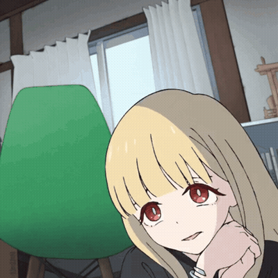 Blonde Hair Red Eyes Girl In Front Of Green Chair GIF