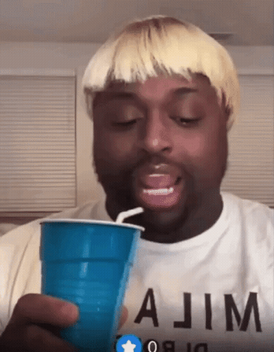 Blonde Man Drinking From Blue Plastic Cup With Straw GIF