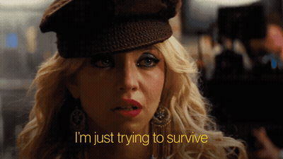 Blonde Woman In Hat And Earrings Says I'm Just Trying To Survive GIF