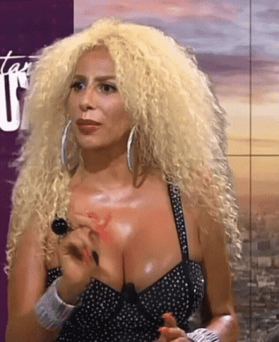 Blonde Woman In Polka Dot Dress And Hoop Earrings GIF