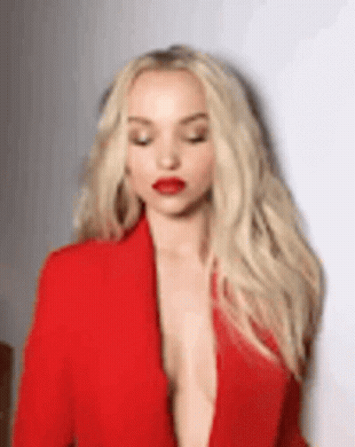 Blonde Woman In Red Jacket And Lipstick GIF