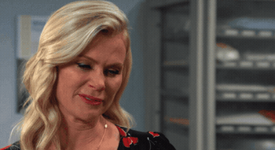 Blonde Woman Red Lipstick Looking Down GIF
