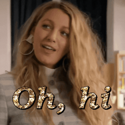 Blonde Woman Saying Oh Hi In Gold Glitter GIF