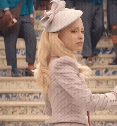Blonde Woman White Hat Pink Dress On Stairs GIF