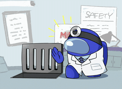 Blue Among Us Character In Front Of Safety Sign GIF