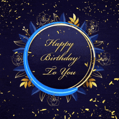 Blue And Gold Happy Birthday Card With Flowers And Confetti GIF