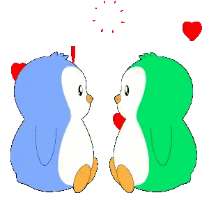Blue And Green Penguins Kissing With Hearts Sticker