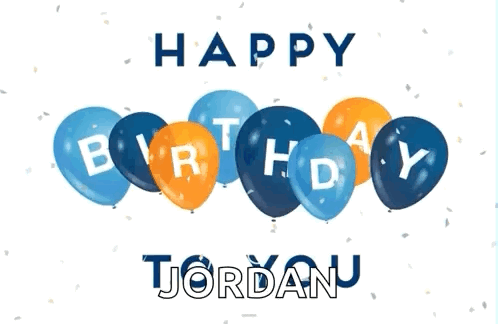 Blue And Orange Balloons With The Words Happy Birthday Jordan GIF