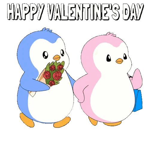 Blue And Pink Penguin Holding Roses Sticker