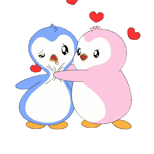 Blue And Pink Penguin Hugging With Hearts Sticker