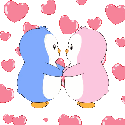 Blue And Pink Penguin Kissing With Hearts Sticker