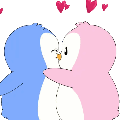 Blue And Pink Penguin Kissing With Red Hearts Sticker