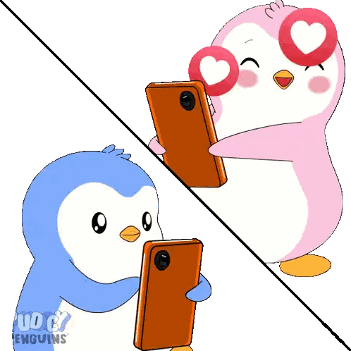 Blue And Pink Penguins Looking At Phone With Hearts Sticker